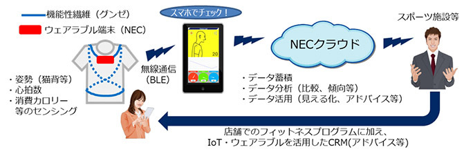 製品から得られるデータは、無線通信によりスマートフォンに自動送信される。専用アプリを介して確認することで、自身の生体情報をわかりやすく確認することができる。また、データはスマートフォンを経由し、NECのクラウド上に蓄積されるため、サービス事業者がこのデータを閲覧・活用することも可能に