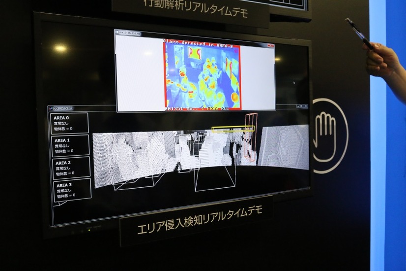 同社ブースで行われていた「エリア侵入検知リアルタイムデモ」。サーマルカメラで取得した映像と3Dレーザーレーダーで取得した情報を集約し、重畳表示できるのが特徴となる（撮影：防犯システム取材班）