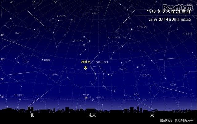 ペルセウス座流星群2016年8月14日0時頃の東京の空のシミュレーション　(c) 国立天文台天文情報センター