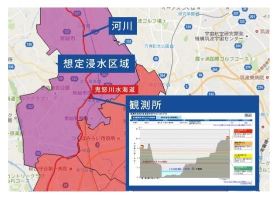 気象庁が発報する指定河川洪水予報を用いて、対象河川と観測所と浸水想定区域を地図上に可視化。川の防災情報（国土交通省）へリンクし、現在の水位情報を確認することも可能だ（画像はプレスリリースより）