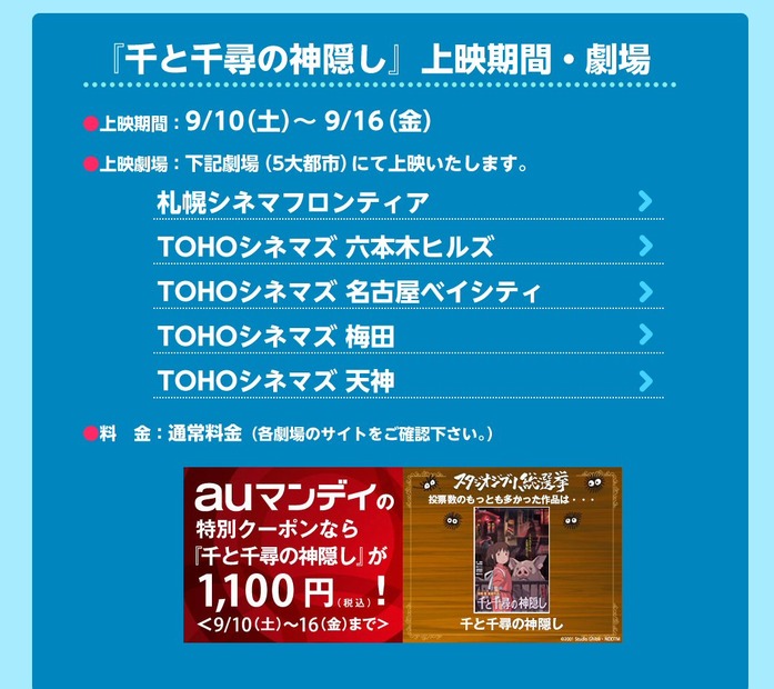 スタジオジブリ総選挙、1位は『千と千尋の神隠し』に決定！一週間限定で劇場公開