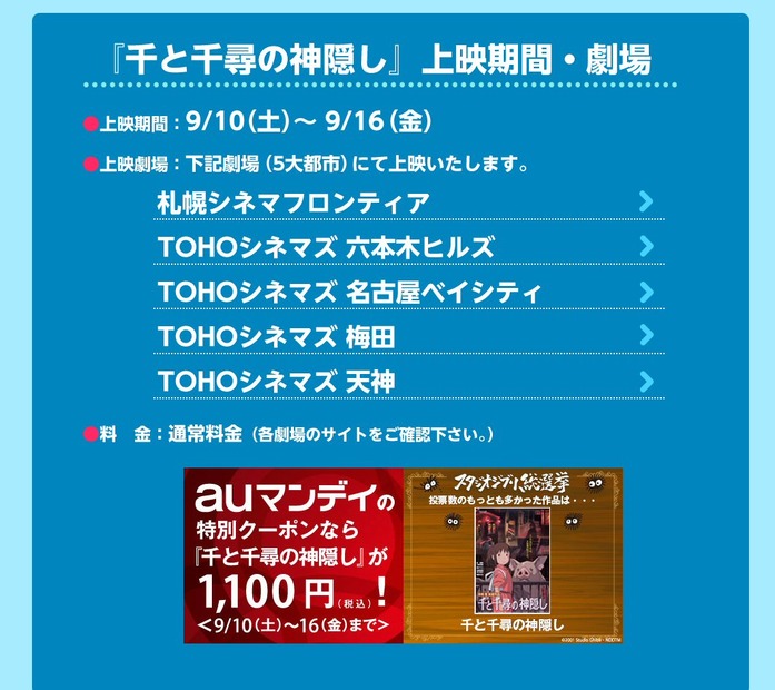 スタジオジブリ総選挙、1位は『千と千尋の神隠し』に決定！一週間限定で劇場公開