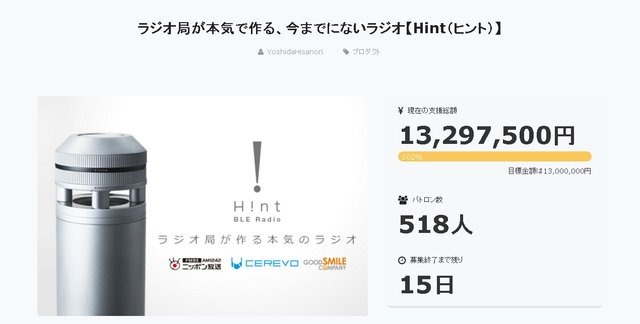 “360度クリアな音”が響くラジオ「Hint」資金調達達成！グッスマ×ニッポン放送×Cerevoが本気を出す