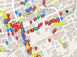 完成したハザードマップ。子供たちは、住宅街には消火器が多く、幹線道路には消火栓が多いといったことに気づき、その理由についても自ら考え、答えを導いたとのこと（画像はプレスリリースより）