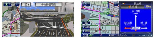 表示画面（左：3D交差点拡大/右：方面看板表示）