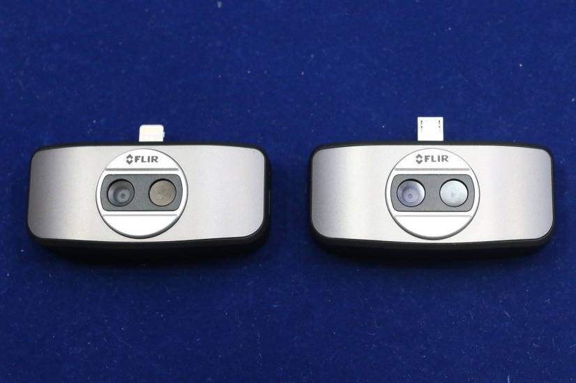 「FLIR ONE」は、LightningコネクタとMicro USBコネクタに対応した2バージョン用意されている（撮影：防犯システム取材班）