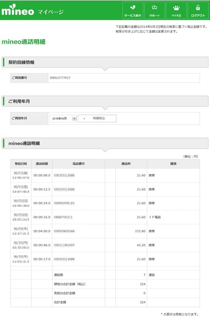 6月分として請求された090通話料金の通話明細で前月より通話回数が2回増えていた。