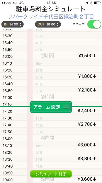 駐車時間からの料金シミュレート。任意の時間、たとえば2,400円で停められる時間ぎりぎりにアラームなんて設定も