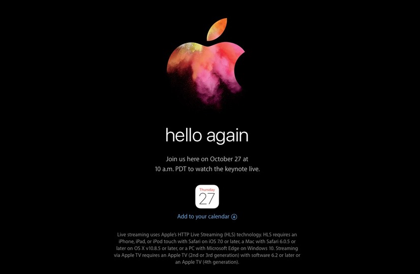 Apple、スペシャルイベント「hello again」を27日に開催すると正式発表