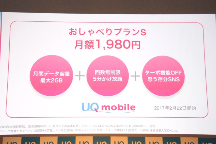 料金プラン「おしゃべりプランS」なら、月額1,980円でデータ容量2GB/月＋回数無制限で5分かけ放題が利用できる。2017年2月22日より提供を開始する