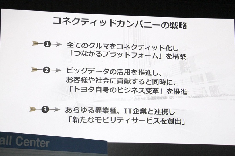 トヨタ自動車では2016年4月、コネクティッドカンパニーを設立。同社の戦略として、次の3つの指針が示されている