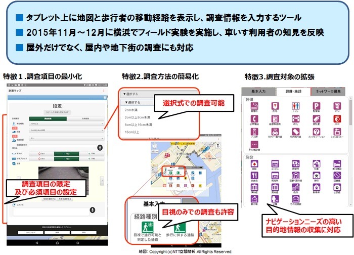 MaPiece：簡易計測ツール画面例。バリアフリーに関する情報の収集を専門的な知識がなくても収集できるようにしたのが「MaPiece」の大きな特徴となる（画像はプレスリリースより）