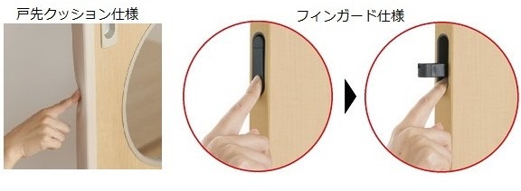 開閉時の指はさみ対策には、「戸先クッション仕様」と「フィンガード仕様」のどちらかから選択可能。「フィンガード」はオン・オフの切り替えができる（画像はプレスリリースより）