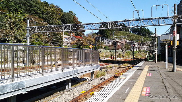 青梅駅の山側に出現した新ホーム（写真左）