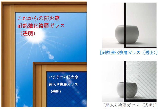 通常防火設備として認められる防火窓では網入りガラスの使用が一般的。今回YKK APが開発したのは網のない耐熱強化複層ガラス（Low-E）を採用した防火窓となる（画像はプレスリリースより）