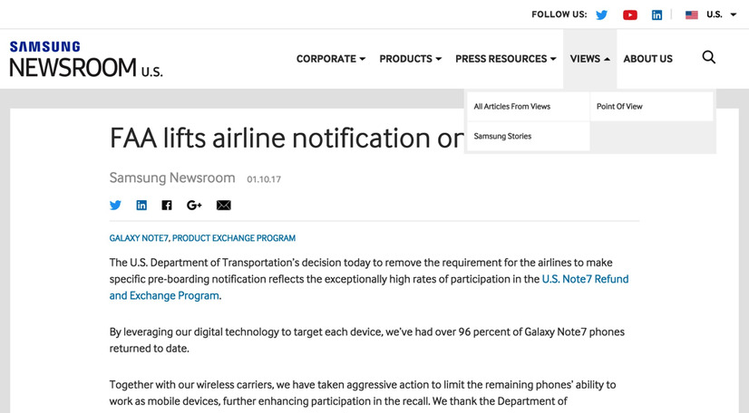 「Galaxy Note 7」の航空機内持ち込み禁止アナウンスを撤廃...米連邦航空局