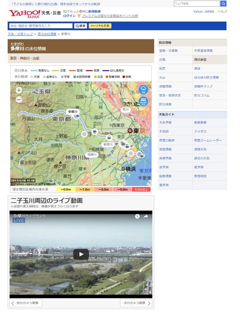 今回の取り組みを受けて開設された「Yahoo!天気・災害　河川水位情報」多摩川の水位情報ページ。映像と一緒に水位情報をグラフや数値を確認できるので、体感的な情報収集が可能だ（画像は公式Webサイトより）