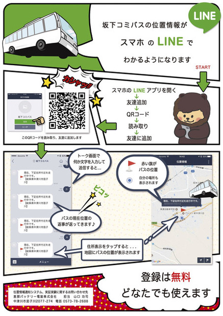 今回の実証実験で使用される位置情報通知システムは、「LINE」のトーク画面で何か文字を入力すると、バスの現在位置情報が住所と地図で自動的に返信されるという仕組みになっている（画像はプレスリリースより）