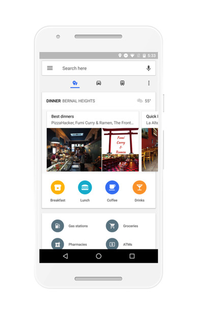 Android版Googleマップに3つのタブが追加！近隣情報や、通勤時間などがワンタップで