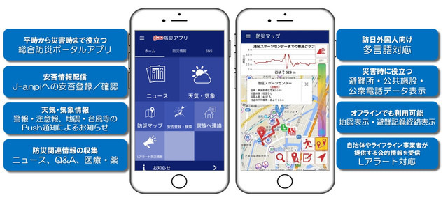 「goo防災アプリ」は災害時に必要とされる情報を1つのアプリで収集することができるスマホ用総合防災ポータルアプリ。気象情報・災害情報の受信やJ-anpiとの連携による安否確認機能などの災害時に役立つ様々な機能を無料で利用できる（画像はプレスリリースより）