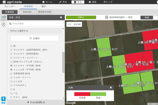 クラウドに作業記録を保存することで、管理している圃場の作業状況などが可視化される