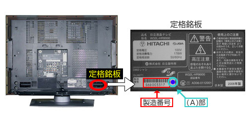 製造番号シールは本体背面の「定格銘板」左下に貼付