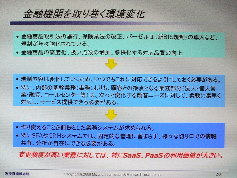 　「金融機関でもSaaSの流れは止められない」。2日、セールスフォース・ドットコムのプライベートイベント「Salesforce LIVE ’08」が開催。みずほ情報総研の宮田隆司氏によるセッション「金融機関におけるSaaSの活用について」が行われた。