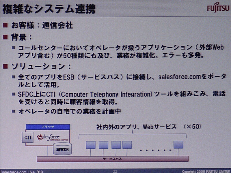 　SaaSの導入は米国が牽引し大企業にも浸透している——。イベント「Salesforce LIVE ’08」のセッションでは、富士通の菅原道隆氏が「経営者・IT部門・現場の悩みとその解決〜米国先進事例と国内の取り組み〜」にて米国におけるSaaSの現状を語った。