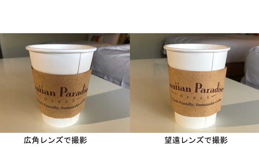 コーヒーをいれた紙パックを接写。左が広角レンズ、右が望遠レンズで撮影