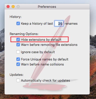 「NameChanger」メニューの「Preferences」を選び、表示された画面で「Hide extensions by default」にチェックマークを付ける