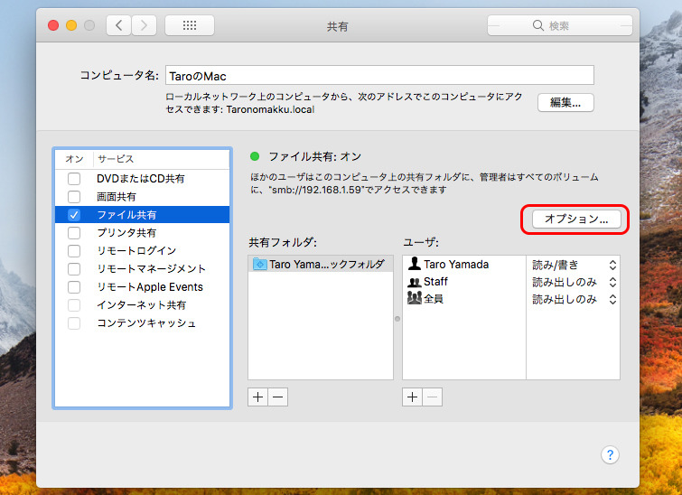 左のリストで「ファイル共有」にチェックし、右の「オプション...」ボタンをクリックする