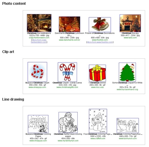 それぞれ写真コンテンツ・クリップアート・線画を指定して、「Christmas」をイメージ検索した結果
