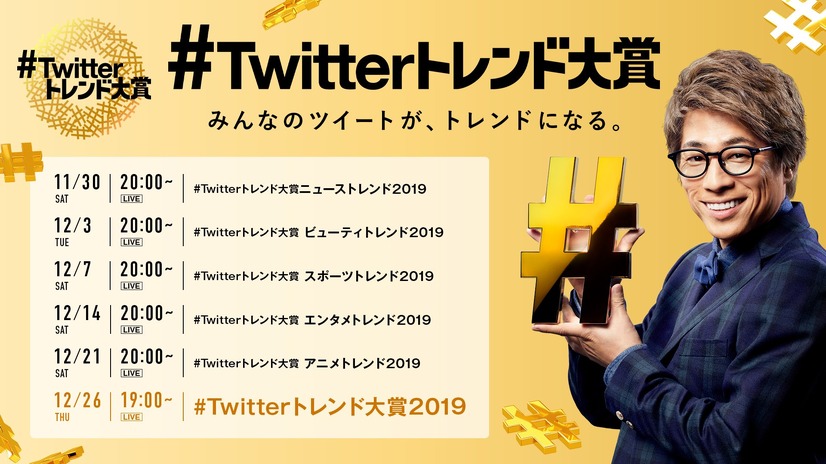 「Twitterトレンド大賞2019」生配信決定！MC・田村淳＆サブMC・宇垣美里