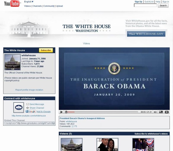 ホワイトハウスのチャンネル「www.youtube.com/whitehouse」