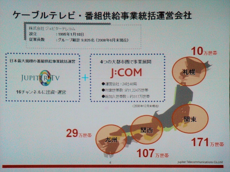 J：COMは、札幌、関東、関西、九州地区のCATV局を統括している