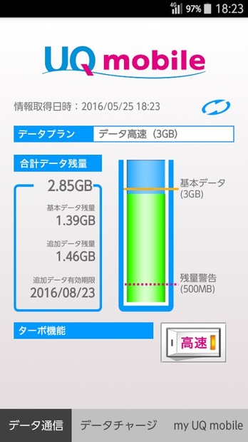 「UQ mobile」ポータルアプリ。高速データ通信のOn/Offがワンタッチで切り替えられる