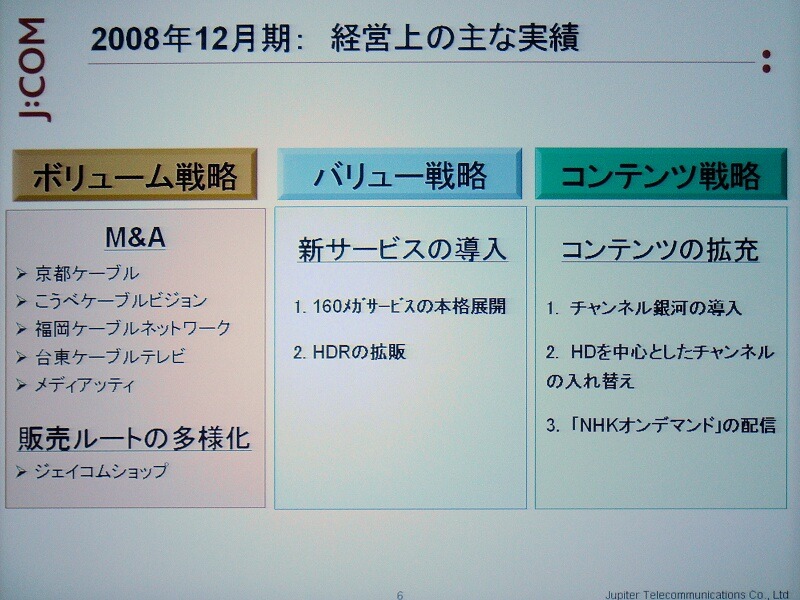 2008年12月期の実績。CATV局の買収、新サービスの導入、コンテンツの拡充などがある