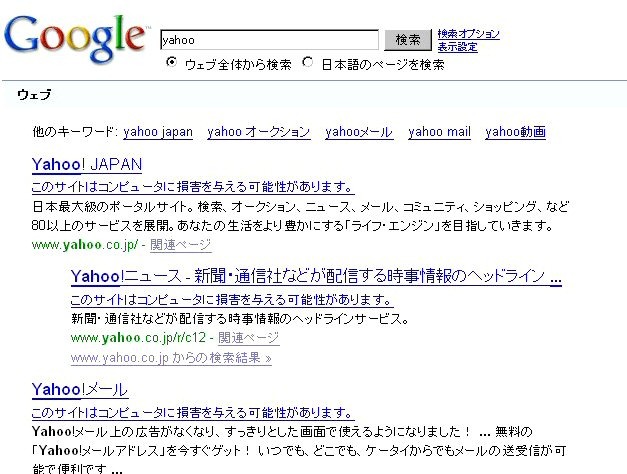 Yahooという文字をGoogle検索した結果