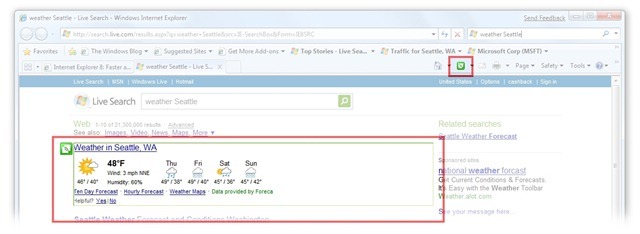 Web Sliceパーツが登録されているページの例（Live Searchの検索結果ページ）