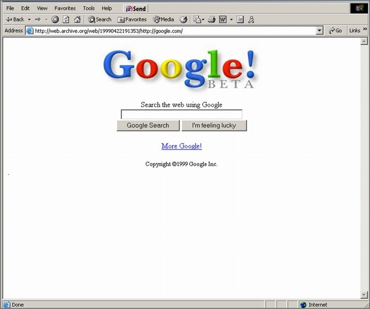 Googleの黎明期（1998年当時）の画面。Googleのロゴと検索ボックスだけの真っ白なホームページだったとのこと