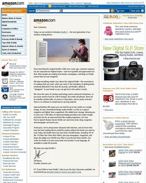 米Amazon.comのトップページ（10日現在）。ジェフ・ベゾスCEOによる「Kindle 2」紹介文を掲載中。