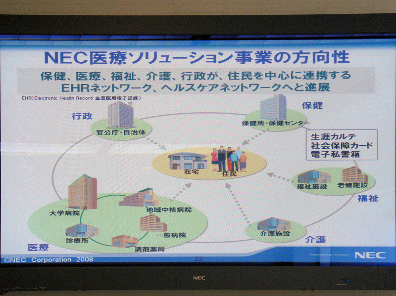 NECが目指す医療ソリューションの方向性。医療機関だけではなく、行政や保健所、福祉や介護施設を結び、生涯カルテ、社会保障カード、電子私書箱などのサービスを提供したい考え