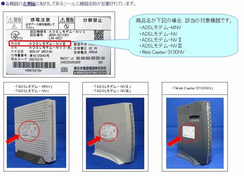 機種名の確認方法（NTT東西）