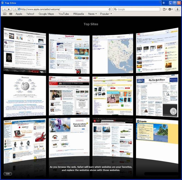 頻繁に訪問するページをプレビューで一覧表示させる「Top Sites」機能。英語版のApple社のサイトのほか、Yahoo!、Wikipedia、Flickrなどがデフォルトでは表示されるようになっている