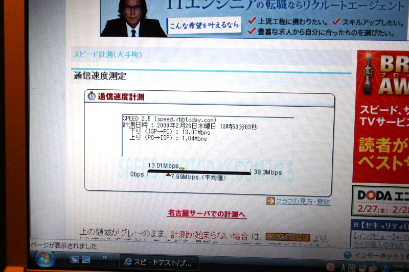 RBB TODAYの「スピード計測」では下り12〜13Mbpsの結果がでた