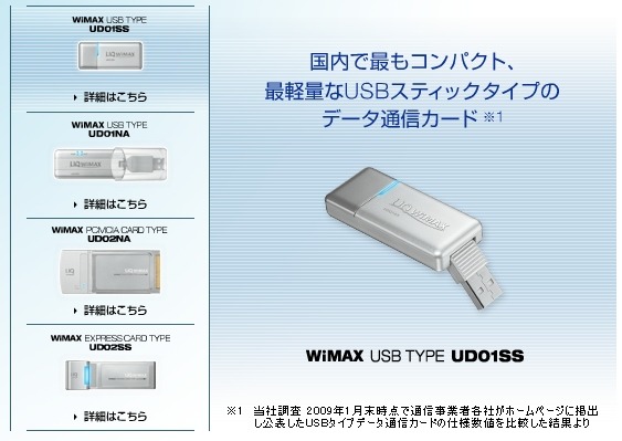 UQ WiMAXのデータ通信カード（写真はUSBタイプのUD01SS）