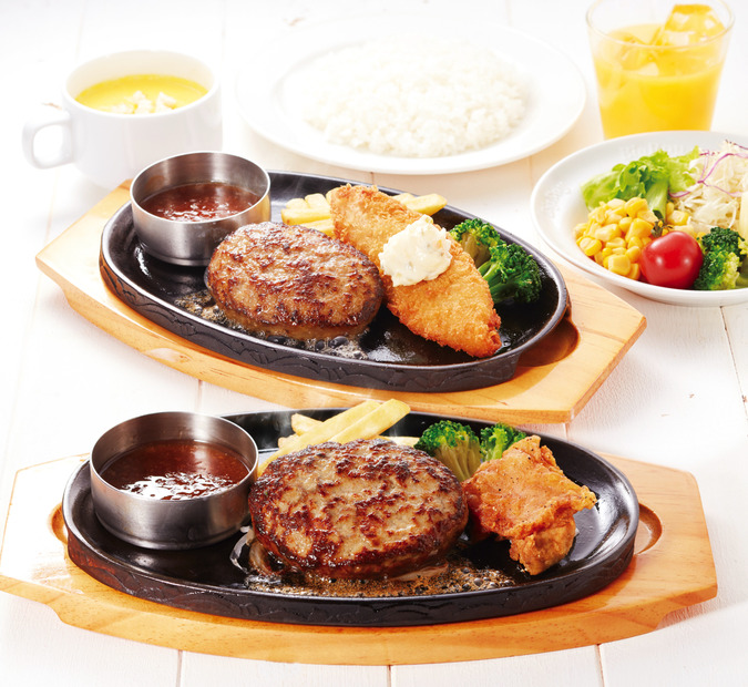 手ごねハンバーグ＆フライドチキン、手ごねハンバーグ＆フィッシュフライ
