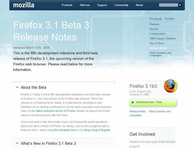 「Mozilla Firefox 3.1 Beta 3」Release Notesサイト（画像）