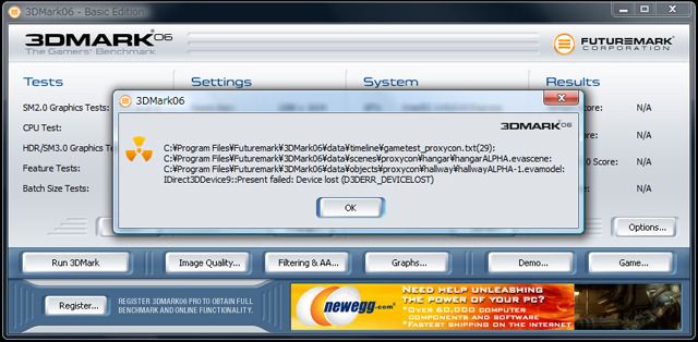 3DMark06で計測しようとするとエラーが出る