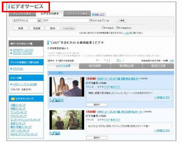 テレビサービスで検索して、同一キーワードのビデオ検索結果を見る場合